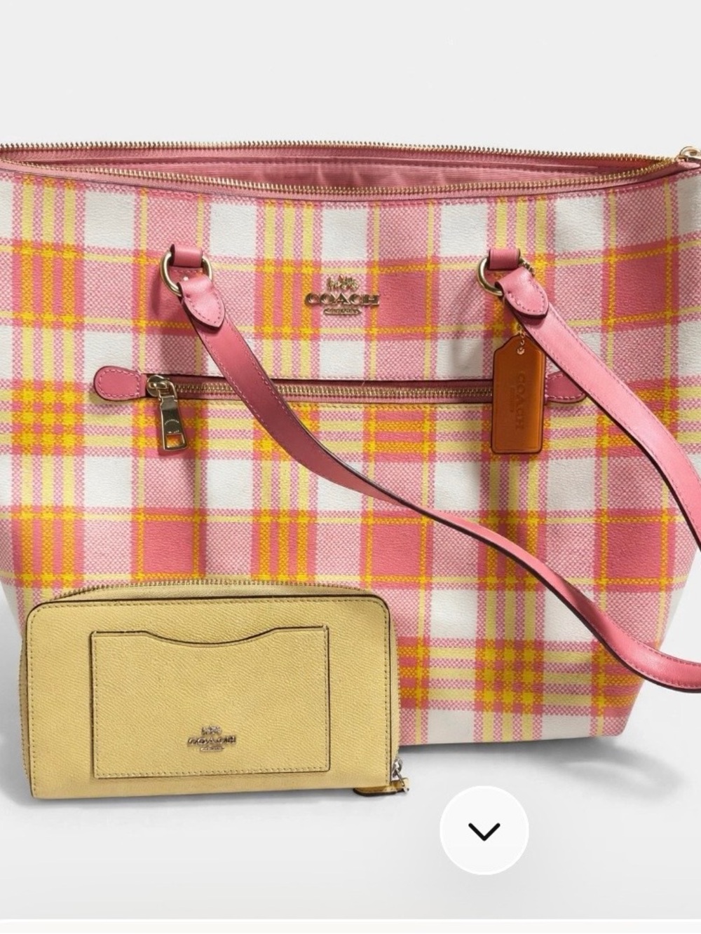 Coach Pink & Yellow Plaid Tote with Pink Leather Straps